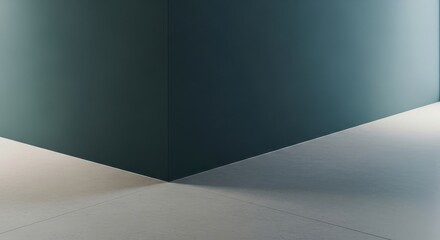 Fototapeta premium Smooth light gray concrete floor meeting a dark teal wall in a minimalist interior corner with soft lighting