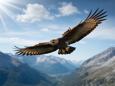 Majestic golden eagle flying gracefully with outstretched wings over a beautiful mountain range