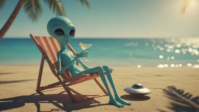 Alien relaxing on deckchair at beach with cocktail. Extraterrestrial creature enjoying vacation on tropical shore. Science fiction concept of extraterrestrial intelligence in summer humor.