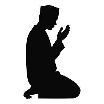 Silhouette of a man praying on his knees in a serene and peaceful atmosphere with hands raised in supplication  a symbol of faith and spirituality