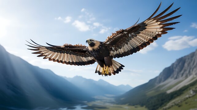 Majestic Golden Eagle Soaring High Above a Serene Mountain Valley Landscape with Open Wings