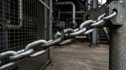 Naklejka premium Heavy metal chain link creates strong steel barrier in dark industrial factory setting evoking forbidding and secure feeling of restriction with thick iron blocking passage
