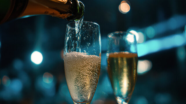 Champagne is being poured into a sparkling wine glass beside another filled glass, set against a festive, blurred background.