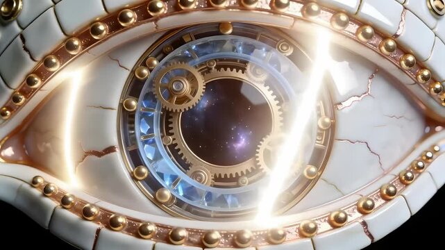 AI Visual Intelligence Concept: Macro 3D Mechanical Eye in Kintsugi White Porcelain and Gold, Professional VFX Isolated Asset, 4K Stable Render on Black