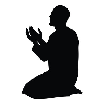 Man in prayer position silhouette isolated on white background in a gesture of supplication or worship  a person kneeling in devotion