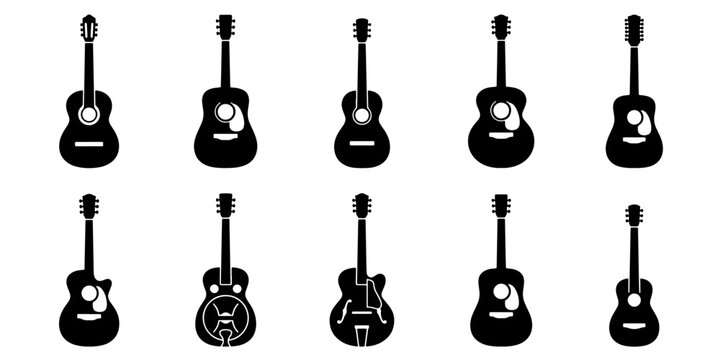 Acoustic guitar silhouette icons set, 10 musical instrument vector elements, black flat stringed instruments for music festival branding and logo design