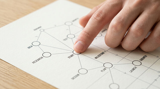 Hand touching minimal network diagram on paper on wooden desk showing focused planning and strategy analysis of complex interconnected systems with clear structural design
