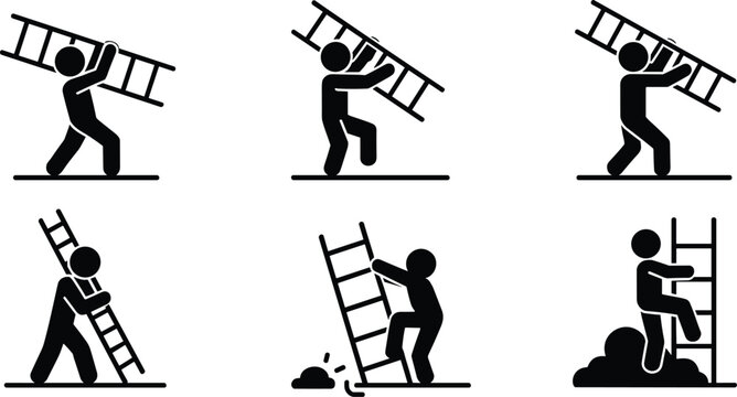 Black silhouette icons of people working with ladders, carrying, climbing, and lifting, industrial and construction symbols, 6 pictograms set