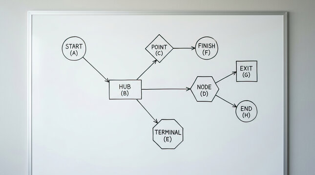 Detailed whiteboard displaying clear analytical flowchart diagram with geometric shape elements for business strategy and planning representing an organized process connection