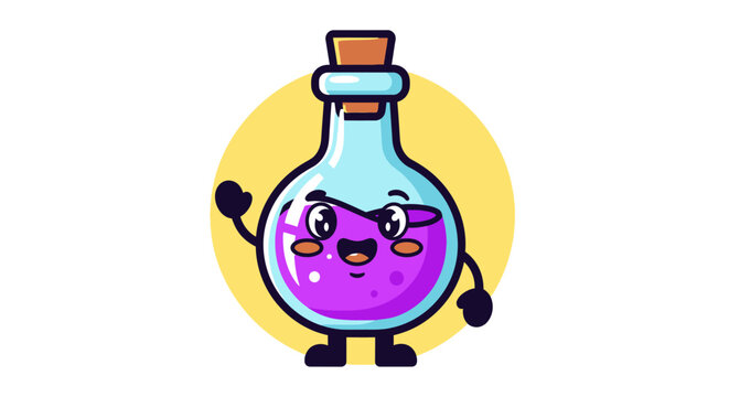 Cute Cartoon Smiling Chemistry Flask With Purple Liquid.