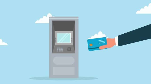 Hand inserting credit card into atm machine close up banking transaction cash withdrawal digital finance animation video
