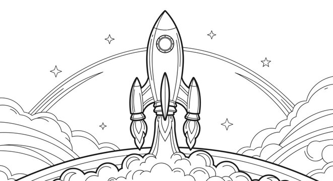 Retro style rocket ship launching into space illustration.
