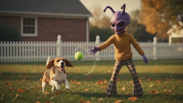 Purple alien playing with beagle dog in grassy backyard. Extraterrestrial creature throwing ball to puppy. Friendship between alien and pet. Fantasy sci-fi scene in suburban lawn.