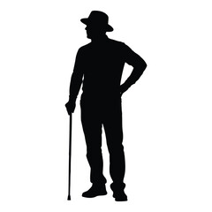 A silhouette of an elderly man wearing a hat and holding a cane stands with one hand on his hip conveying a sense of quiet contemplation and enduring presence isolated on transparent background © Akbar Hossain