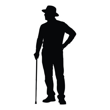 A silhouette of an elderly man wearing a hat and holding a cane stands with one hand on his hip conveying a sense of quiet contemplation and enduring presence isolated on transparent background