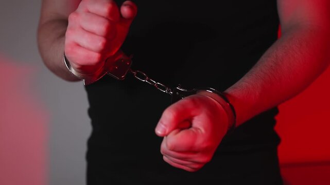 Steel handcuffs. A man in handcuffs. Slow motion video. High quality 4k footage