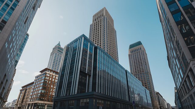 Modern glass and steel skyscrapers in a bustling cityscape under a clear blue sky