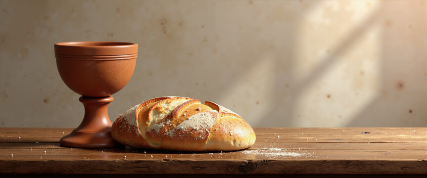 Clay goblet with wine and loaf of bread on wooden table for Maundy Thursday  