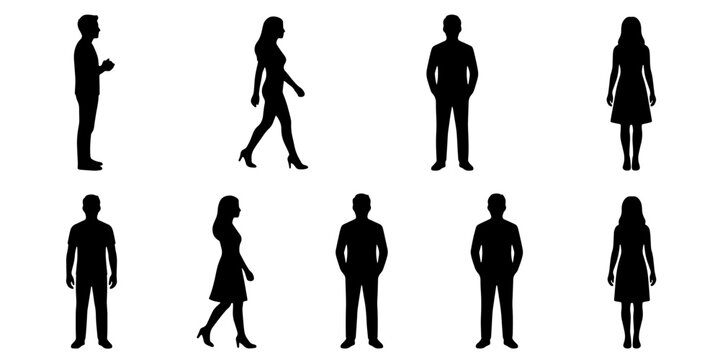 Black people silhouettes set, 9 diverse human figures in standing and walking poses, flat vector character collection for architectural visualization