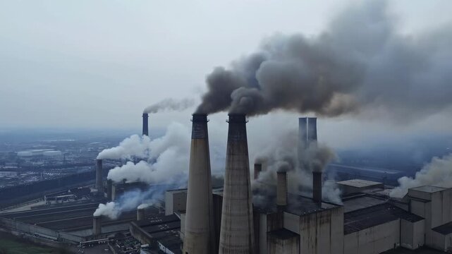 Industrial power plant emitting smoke and pollution into the atmosphere. Represents environmental concerns and the impact of energy production on air quality