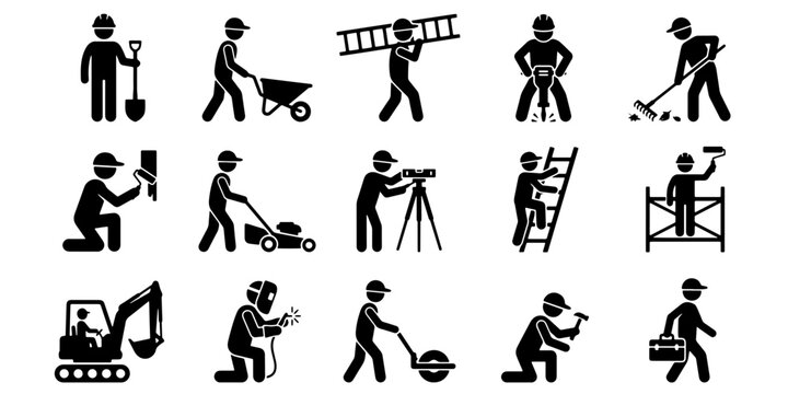 Construction worker icons set, industrial builder stick figures with tools, manual labor and contractor silhouettes, 15 vector elements for site safety