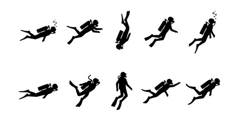 Scuba diver silhouette icons set, 10 black vector divers with oxygen tanks and flippers, underwater swimming figures for ocean sports graphics © Kazi