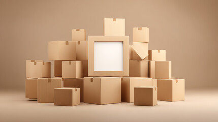 Fototapeta premium A collection of cardboard boxes stacked in an artistic arrangement, featuring one empty box ready for branding.