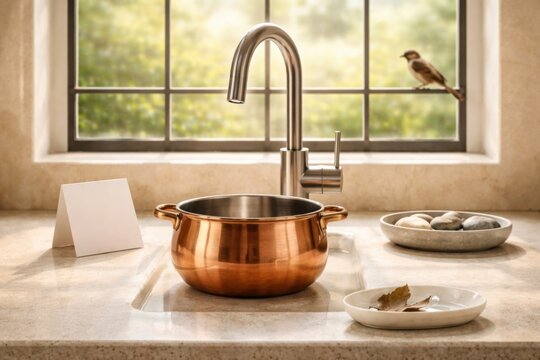 Dry tap counter with copper pot and water saving reminder card