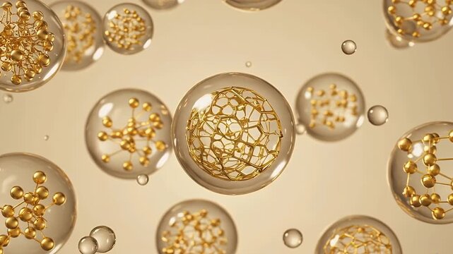 Macro Animation of Golden Molecular Spheres and Cellular Structures in Transparent Bubbles, Scientific Concept for Advanced Skincare Technology and Medical Research