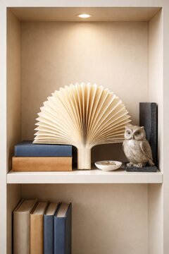 Book shelf display with accordion book sculpture and owl paperweight