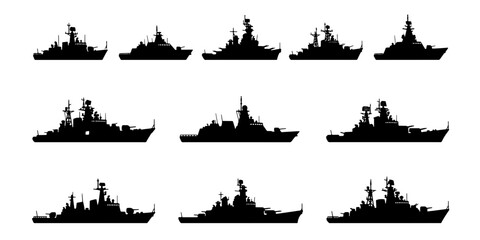 Military warship silhouettes set, collection of 11 naval vessel icons, black battleship and destroyer vector shapes for marine defense and naval history © Anika