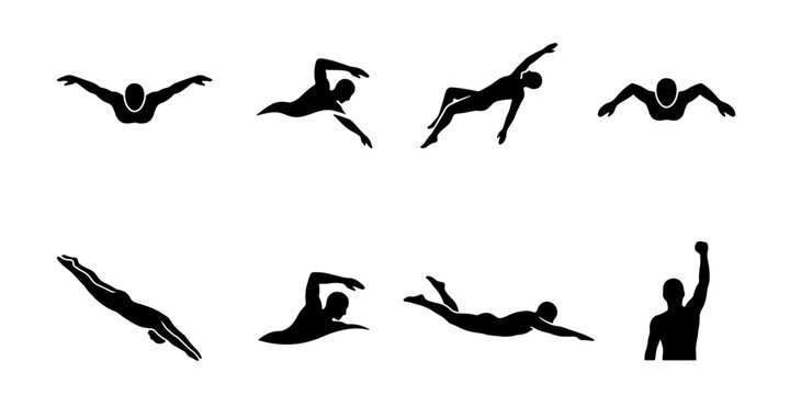 Professional swimmer silhouette set, 8 athlete icons in swimming poses, black vector silhouettes of people in pool water, competitive sports graphics