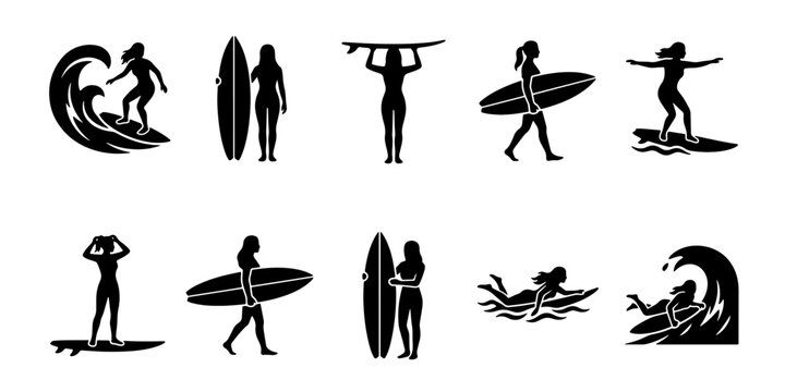 Surfing girl silhouette icons, set of 10 female surfer vector elements, woman surfing on ocean waves, black minimalist summer sports graphics