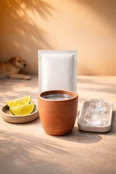 Oral rehydration drink with sachet lime and clay cup for heat relief