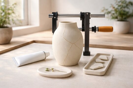 Ceramic vase repair setup with glue clamp on home workbench