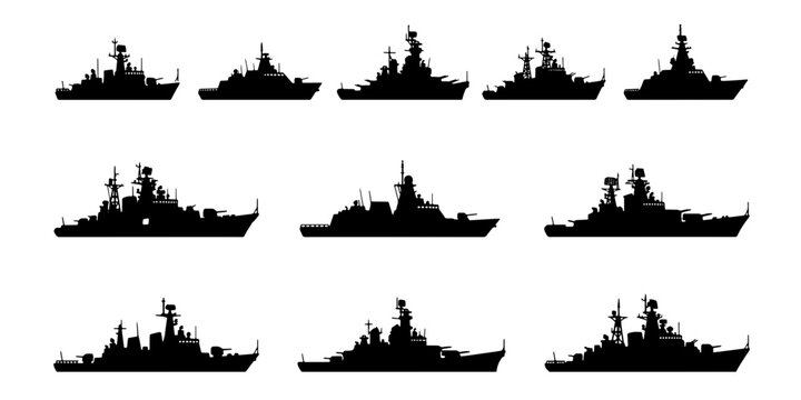 Military warship silhouettes set, collection of 11 naval vessel icons, black battleship and destroyer vector shapes for marine defense and naval history