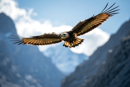 Powerful golden eagle flying directly forward with impressive wings spread wide over distant blurred mountains