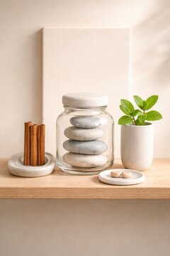 Quit smoking support shelf with cinnamon sticks and calming pebble jar