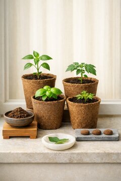 Seedlings in peat pots with neem cake and soil on window ledge