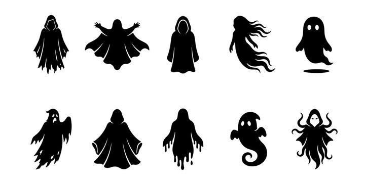 Spooky ghost silhouettes set, 10 Halloween phantom icons, black hooded spirit vector elements, creepy wraith and banshee character collection