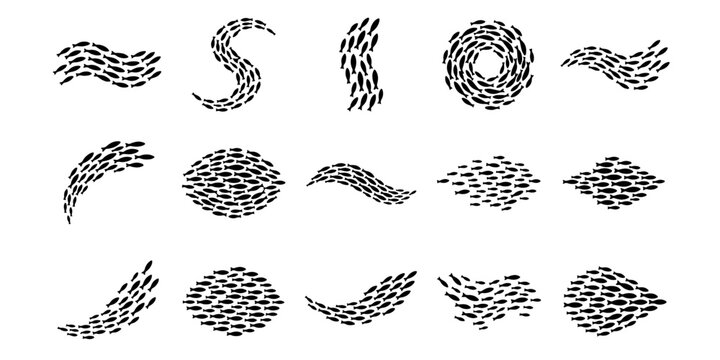 Minimalist school of fish vector set, black silhouettes of swimming fish shoals, 15 aquatic animal group icons for marine life branding and ocean design