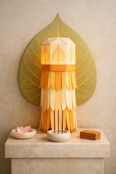 Vesak lantern display with Bodhi leaf backdrop and incense holder
