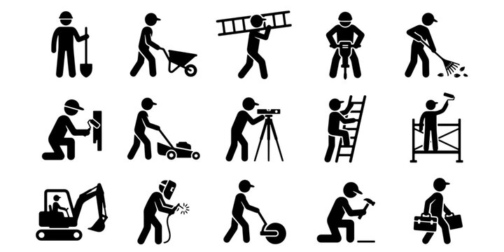 Construction worker stick figure icons, 15 manual labor silhouettes, contractor and builder symbols, industrial maintenance and repair vector set