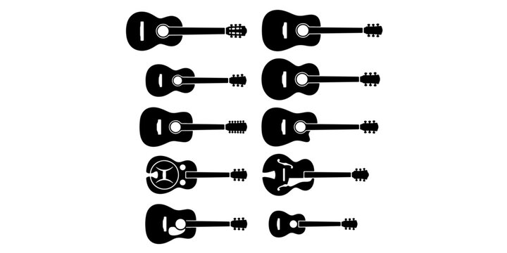 Acoustic guitar silhouette collection, set of 10 musical instrument icons, black vector string instruments for music festival posters and logos
