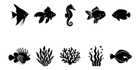 Black silhouette tropical fish and coral reef icons, set of 10 marine life vector elements, underwater sea creature shapes for aquarium design © Shakila