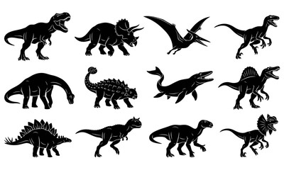 Prehistoric Dinosaur Silhouette Vector Set, Extinct Jurassic Animals and Reptiles Collection Bundle © Kagimotion