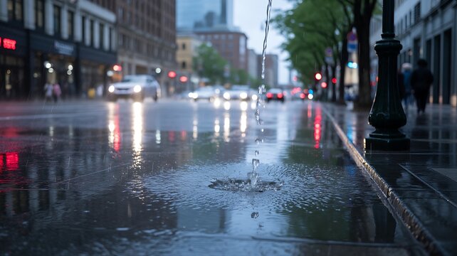 Rainy city street with water flowing from sidewalk on a gloomy day with traffic