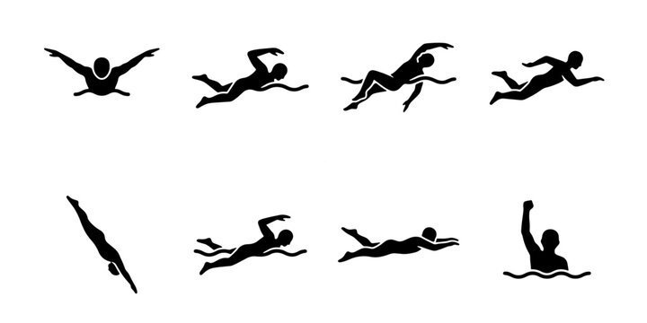 Swimming athlete silhouette icons, 8 black vector swimmer pictograms, professional swimming strokes and diving poses for sports competition design