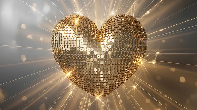 Sparkling golden sequin heart radiating joyful light beams for luxurious romantic and festive occasions