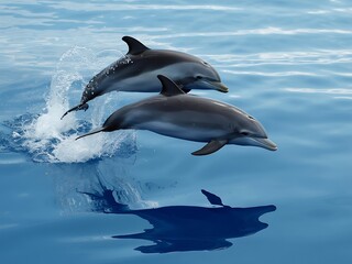 Fototapeta premium Spectacular display of two lively common dolphins leaping high from the ocean waves